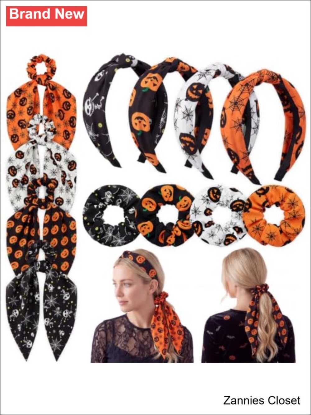 👻 12 Pcs Halloween Hair Scrunchies Pumpkin Ghost Bat Skull Polyester